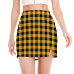 Fire Yellow Buffalo Check Pattern Print Side Slit Mini Skirt