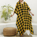 Fire Yellow Buffalo Check Pattern Print Silk V-Neck Kaftan Dress