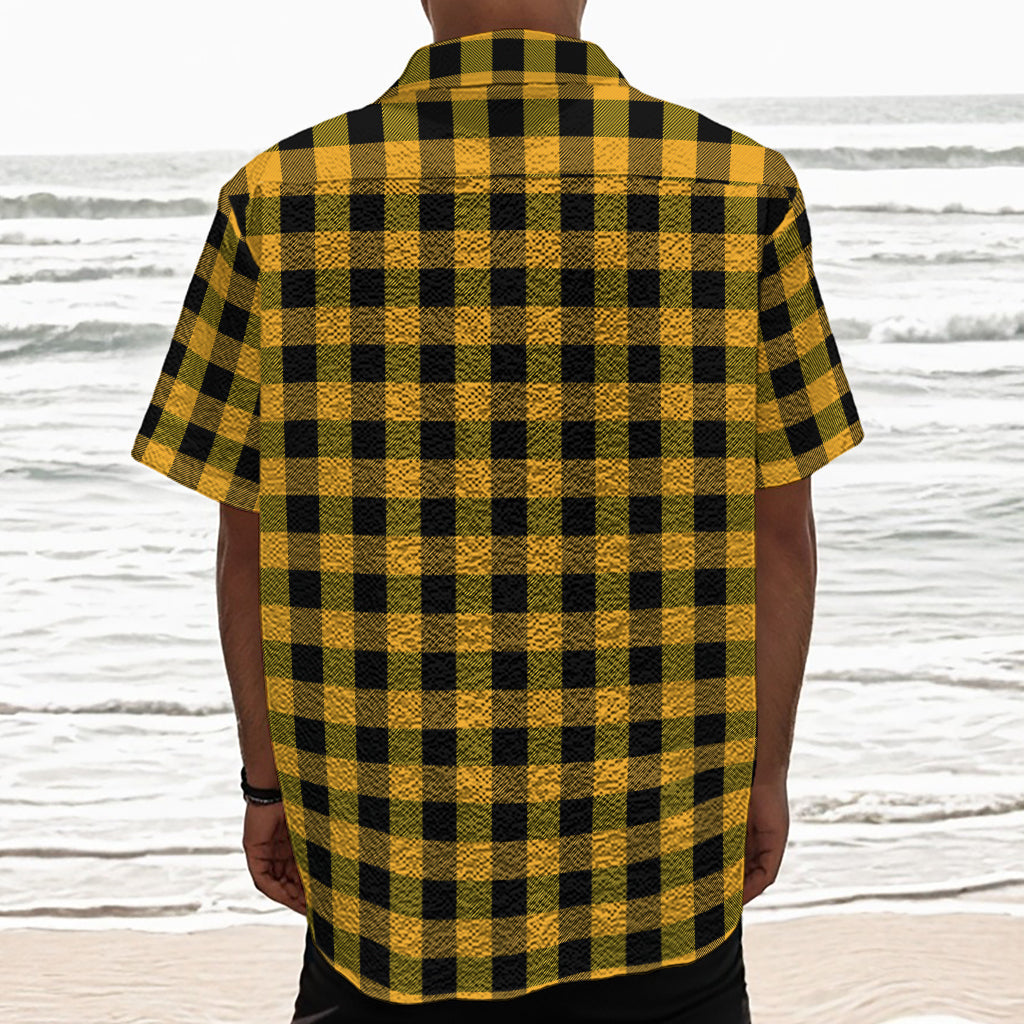 Fire Yellow Buffalo Check Pattern Print Textured Short Sleeve Shirt