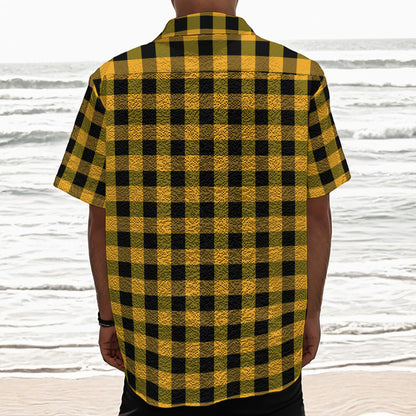 Fire Yellow Buffalo Check Pattern Print Textured Short Sleeve Shirt