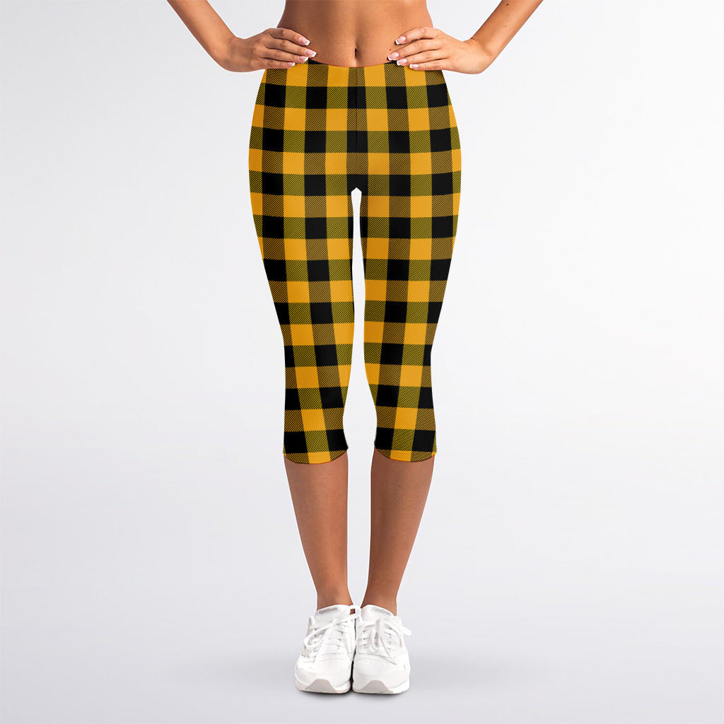 Fire Yellow Buffalo Check Pattern Print Women's Capri Leggings