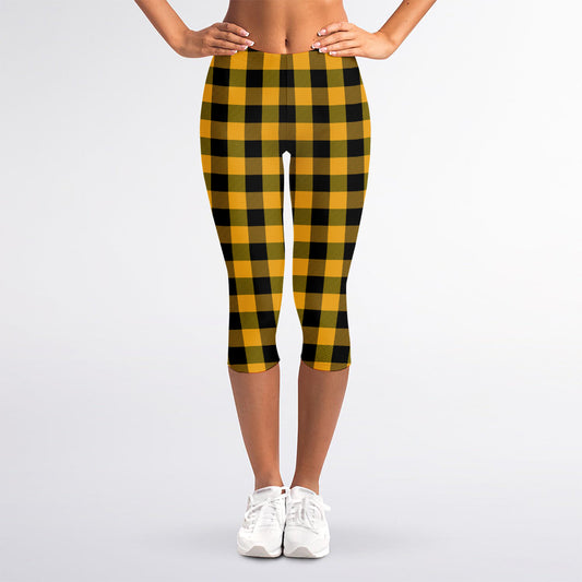 Fire Yellow Buffalo Check Pattern Print Women's Capri Leggings