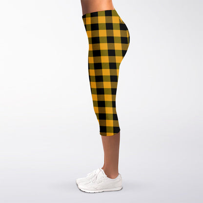 Fire Yellow Buffalo Check Pattern Print Women's Capri Leggings