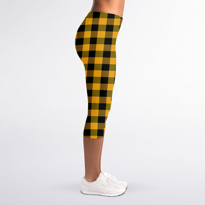 Fire Yellow Buffalo Check Pattern Print Women's Capri Leggings