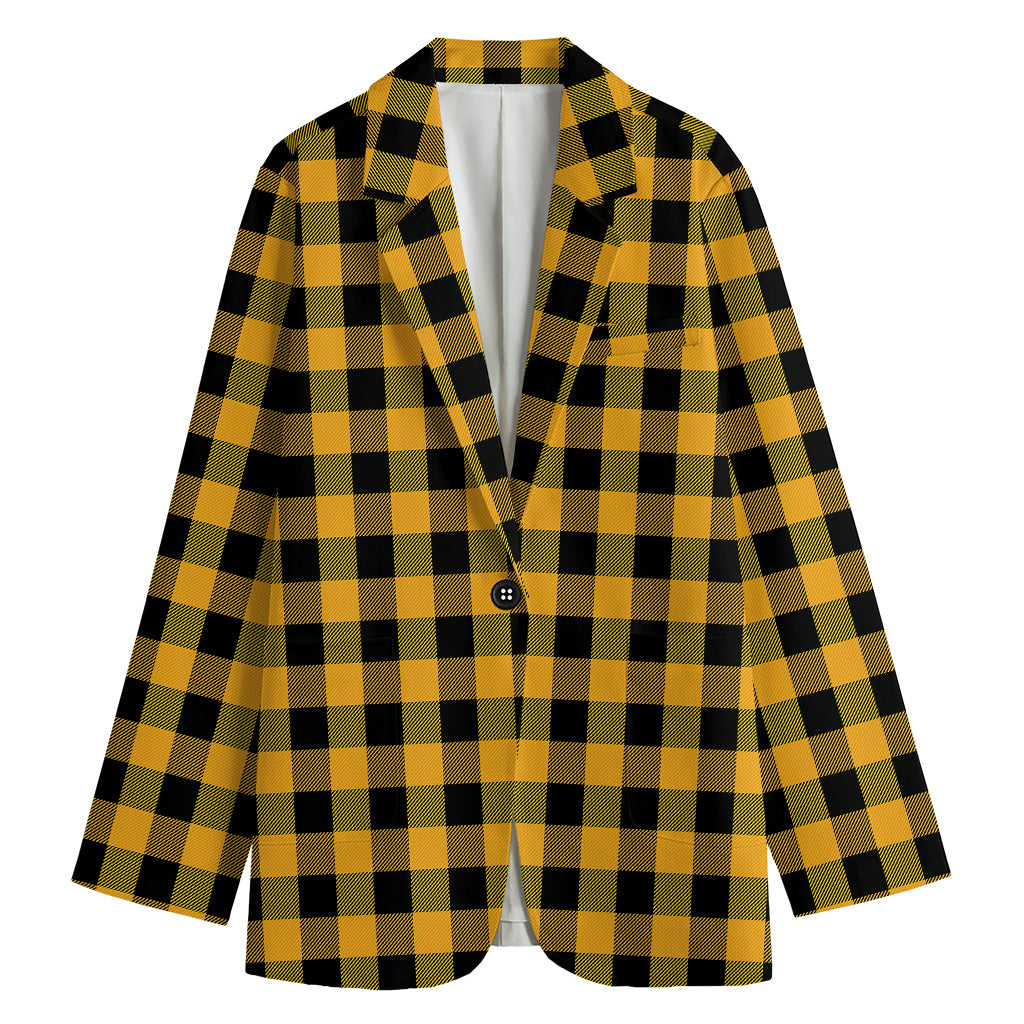 Fire Yellow Buffalo Check Pattern Print Women's Cotton Blazer