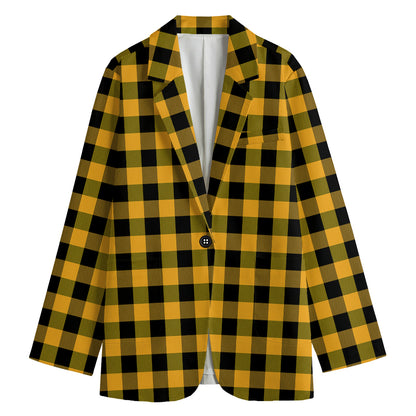 Fire Yellow Buffalo Check Pattern Print Women's Cotton Blazer