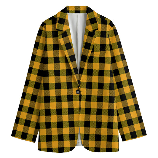 Fire Yellow Buffalo Check Pattern Print Women's Cotton Blazer