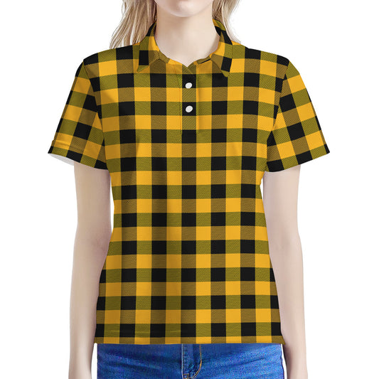 Fire Yellow Buffalo Check Pattern Print Women's Polo Shirt