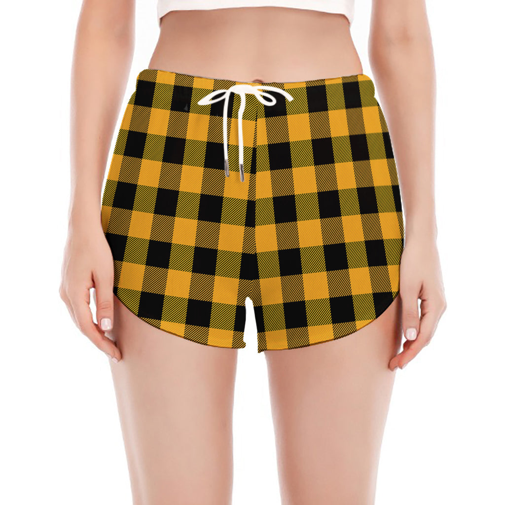 Fire Yellow Buffalo Check Pattern Print Women's Split Running Shorts