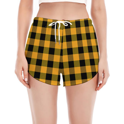 Fire Yellow Buffalo Check Pattern Print Women's Split Running Shorts
