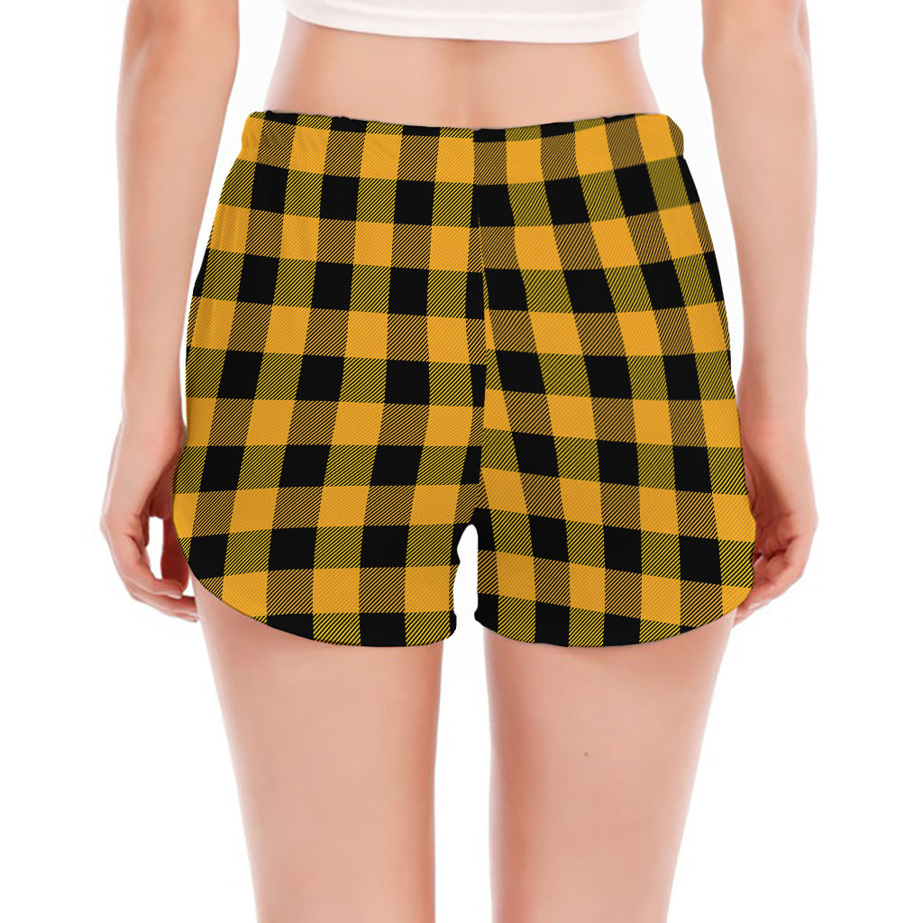 Fire Yellow Buffalo Check Pattern Print Women's Split Running Shorts