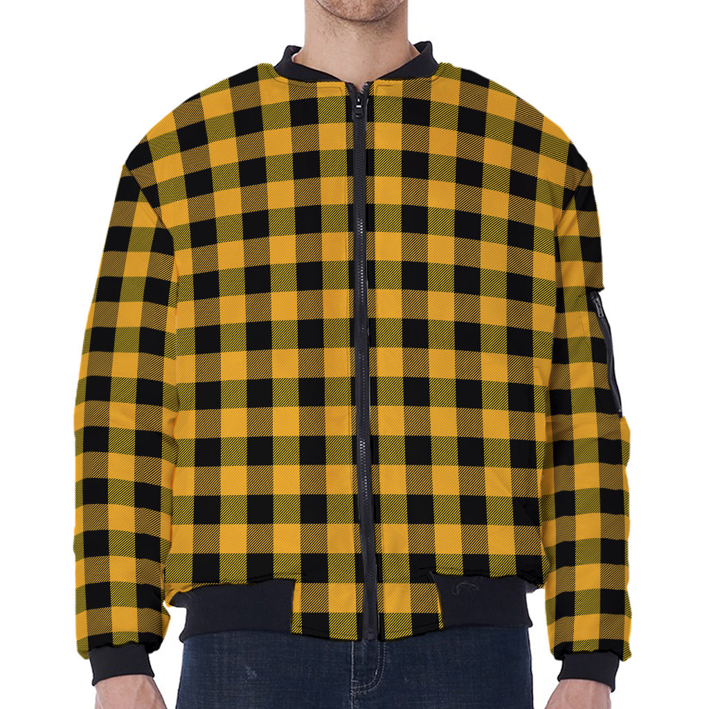 Fire Yellow Buffalo Check Pattern Print Zip Sleeve Bomber Jacket