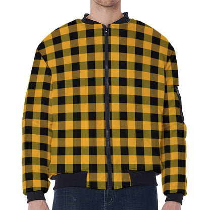 Fire Yellow Buffalo Check Pattern Print Zip Sleeve Bomber Jacket