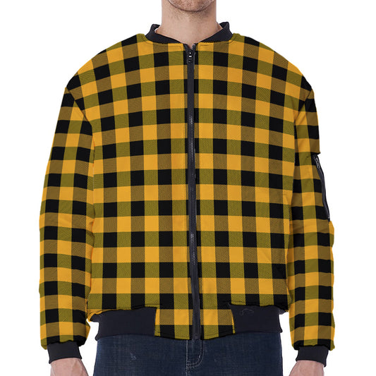 Fire Yellow Buffalo Check Pattern Print Zip Sleeve Bomber Jacket