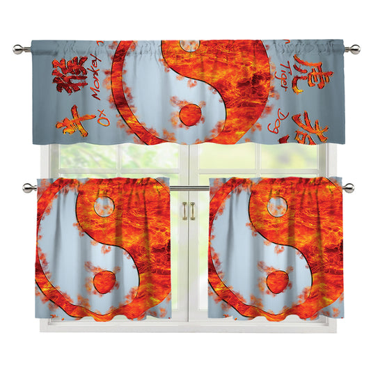 Fire Yin Yang Chinese Zodiac Print 3 Piece Kitchen Curtains
