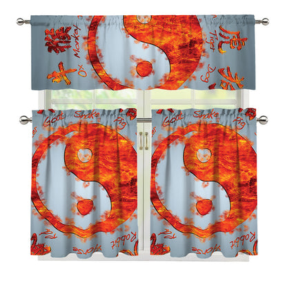 Fire Yin Yang Chinese Zodiac Print 3 Piece Kitchen Curtains