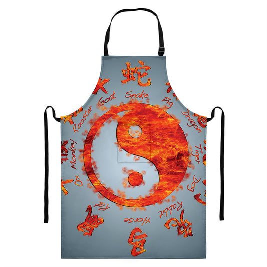 Fire Yin Yang Chinese Zodiac Print Bib Apron With Pocket