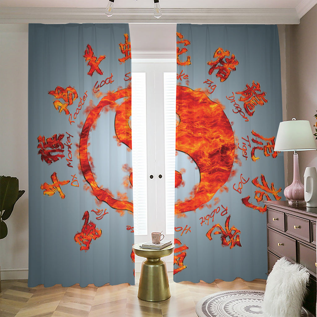 Fire Yin Yang Chinese Zodiac Print Blackout Pencil Pleat Curtains