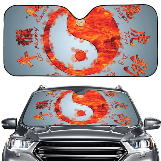 Fire Yin Yang Chinese Zodiac Print Car Windshield Sun Shade