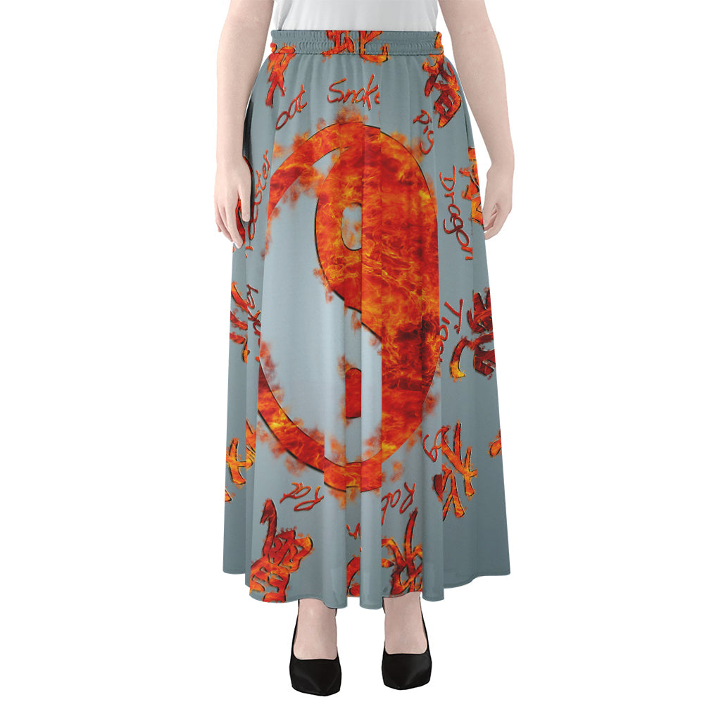 Fire Yin Yang Chinese Zodiac Print Chiffon Maxi Skirt