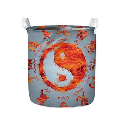 Fire Yin Yang Chinese Zodiac Print Collapsible Laundry Basket