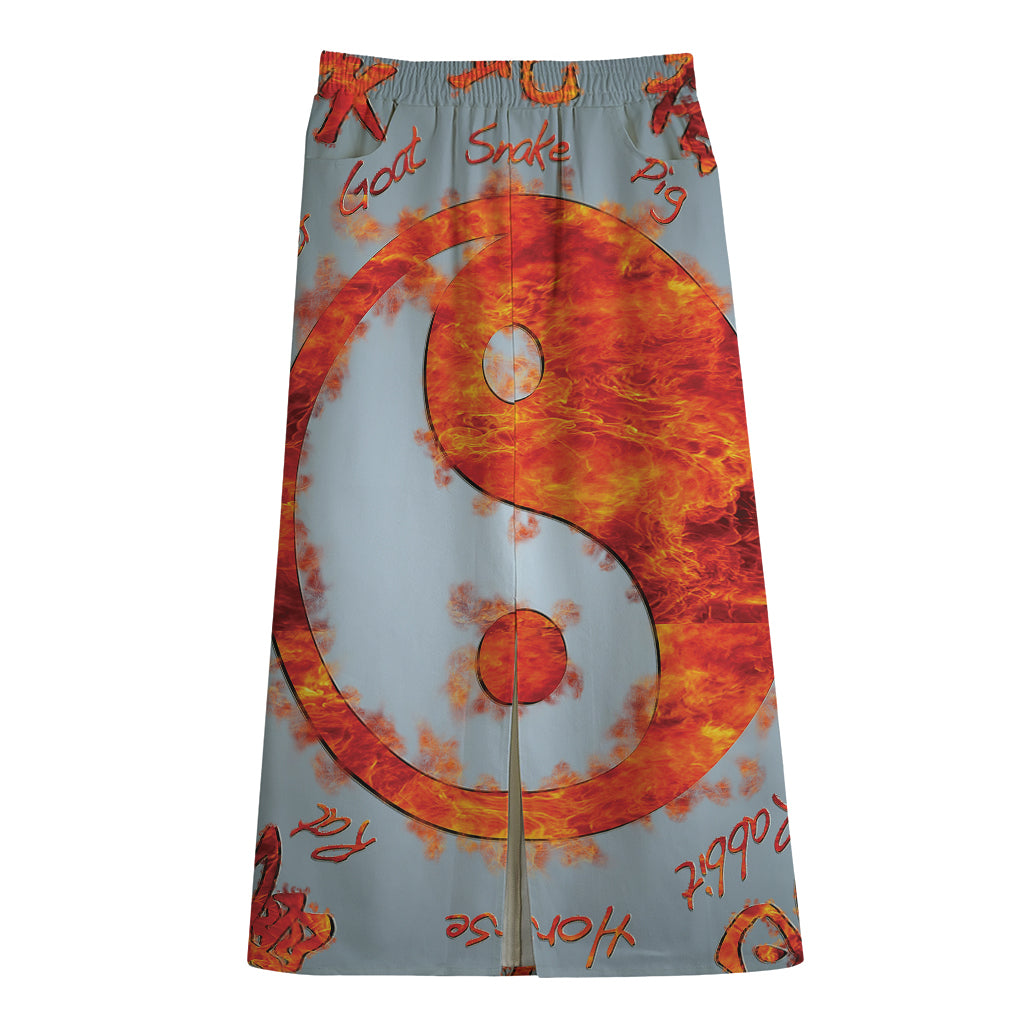 Fire Yin Yang Chinese Zodiac Print Cotton Front Slit Maxi Skirt
