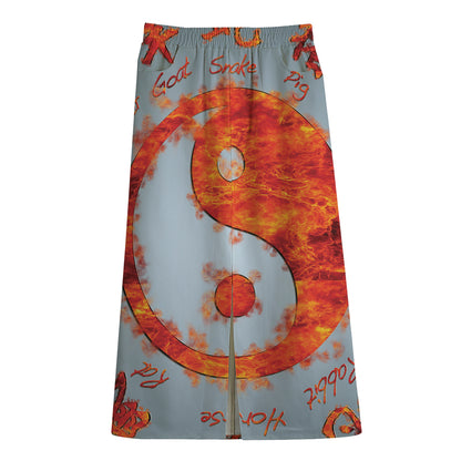 Fire Yin Yang Chinese Zodiac Print Cotton Front Slit Maxi Skirt