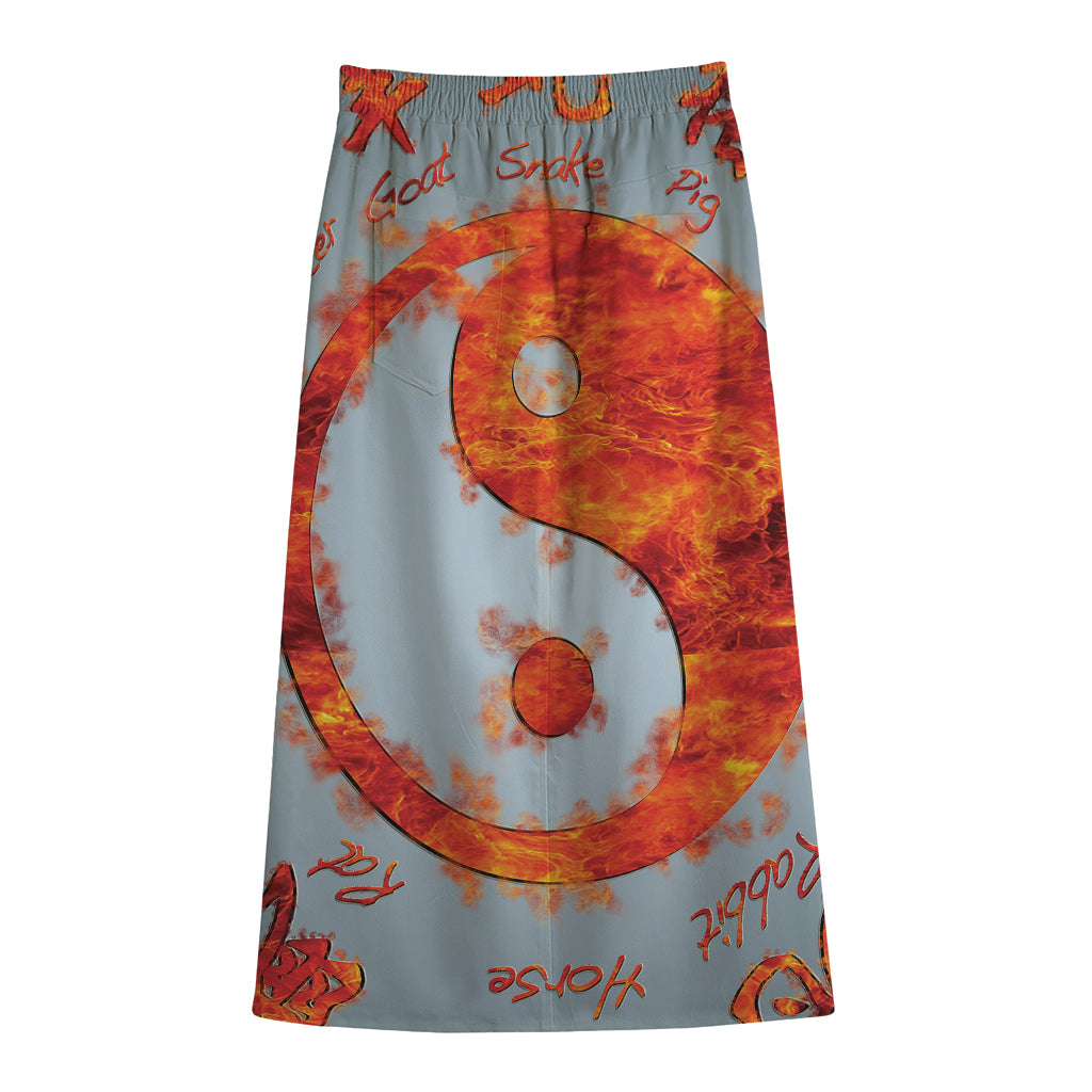 Fire Yin Yang Chinese Zodiac Print Cotton Front Slit Maxi Skirt