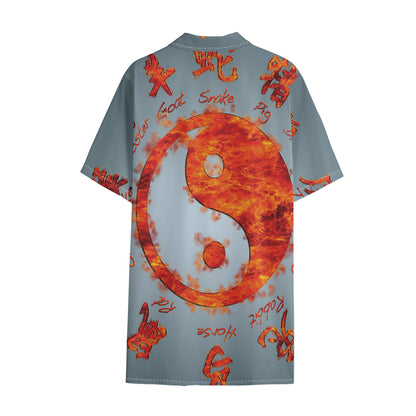 Fire Yin Yang Chinese Zodiac Print Cotton Hawaiian Shirt