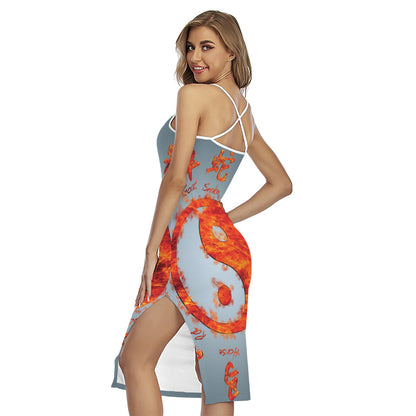 Fire Yin Yang Chinese Zodiac Print Cross Back Cami Dress