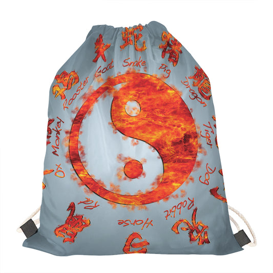 Fire Yin Yang Chinese Zodiac Print Drawstring Bag