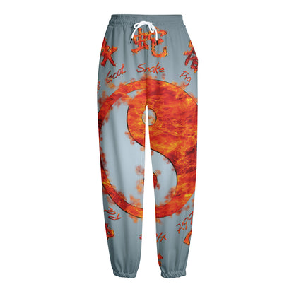 Fire Yin Yang Chinese Zodiac Print Fleece Lined Knit Pants