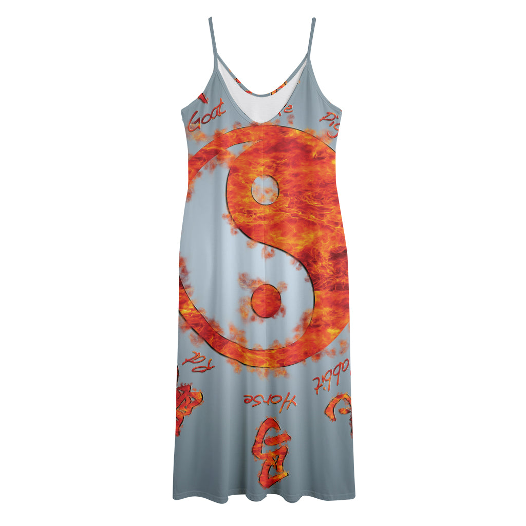 Fire Yin Yang Chinese Zodiac Print Jersey Midi Cami Dress