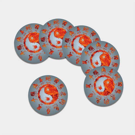 Fire Yin Yang Chinese Zodiac Print Leather Coaster Set