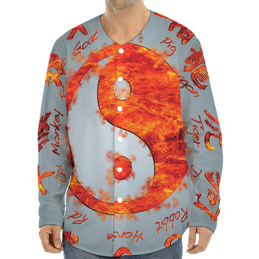 Fire Yin Yang Chinese Zodiac Print Long Sleeve Baseball Jersey