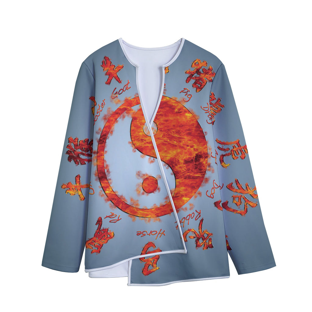 Fire Yin Yang Chinese Zodiac Print Long Sleeve Short Coat