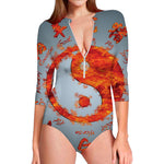 Fire Yin Yang Chinese Zodiac Print Long Sleeve Swimsuit