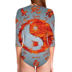 Fire Yin Yang Chinese Zodiac Print Long Sleeve Swimsuit
