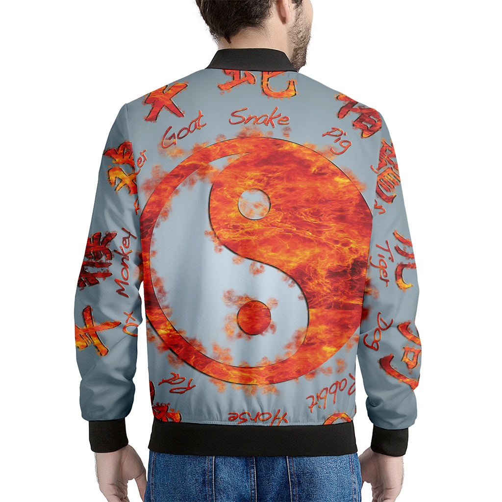 Fire Yin Yang Chinese Zodiac Print Men's Bomber Jacket