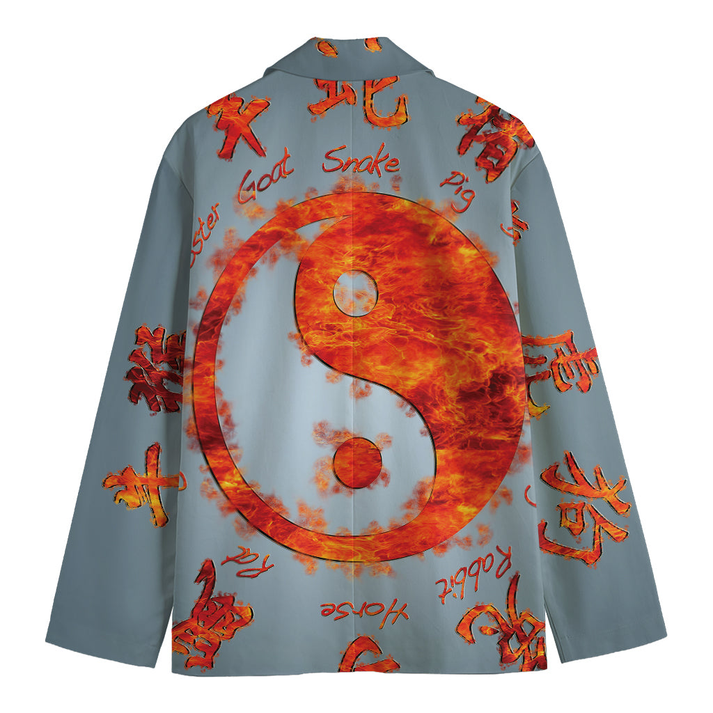 Fire Yin Yang Chinese Zodiac Print Men's Cotton Blazer