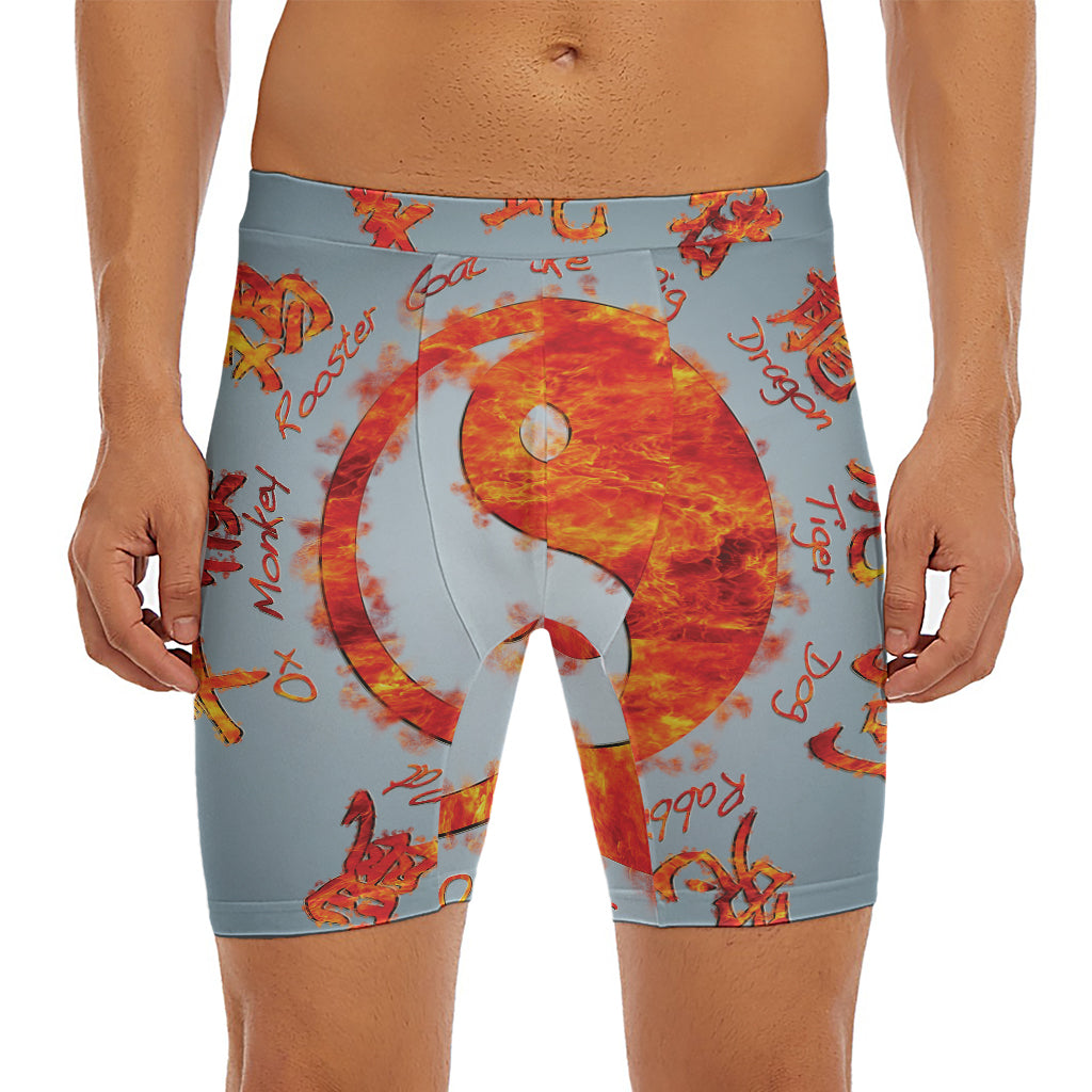 Fire Yin Yang Chinese Zodiac Print Men's Long Boxer Briefs