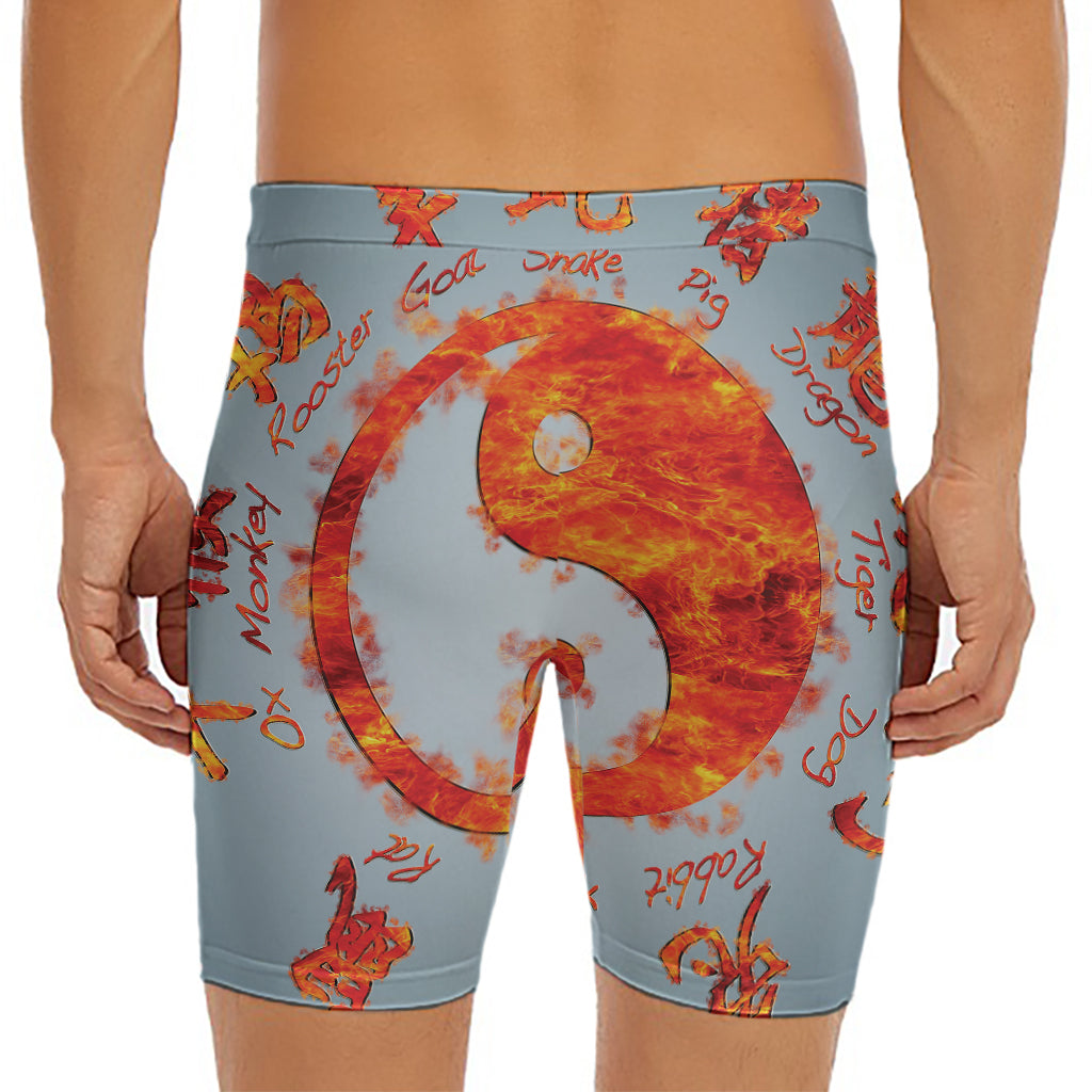 Fire Yin Yang Chinese Zodiac Print Men's Long Boxer Briefs