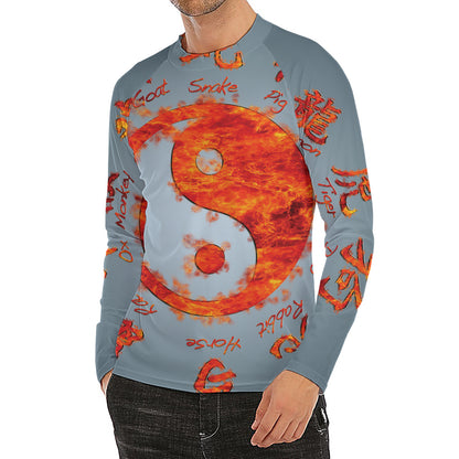 Fire Yin Yang Chinese Zodiac Print Men's Long Sleeve Rash Guard