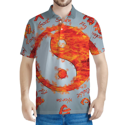 Fire Yin Yang Chinese Zodiac Print Men's Polo Shirt