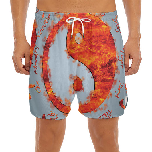 Fire Yin Yang Chinese Zodiac Print Men's Split Running Shorts