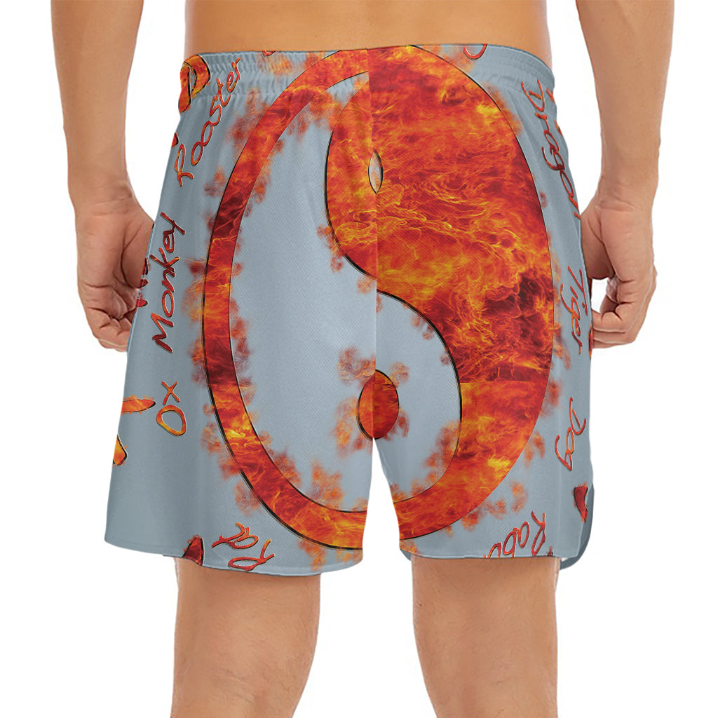 Fire Yin Yang Chinese Zodiac Print Men's Split Running Shorts