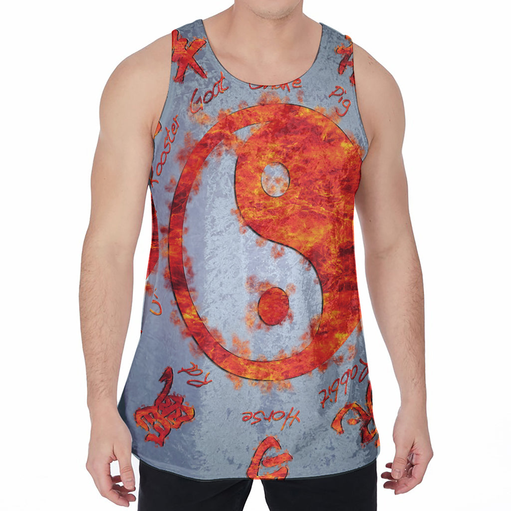 Fire Yin Yang Chinese Zodiac Print Men's Velvet Tank Top