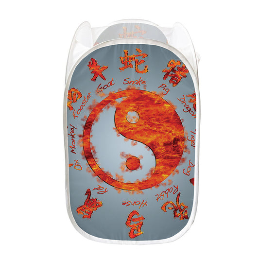 Fire Yin Yang Chinese Zodiac Print Mesh Laundry Hamper