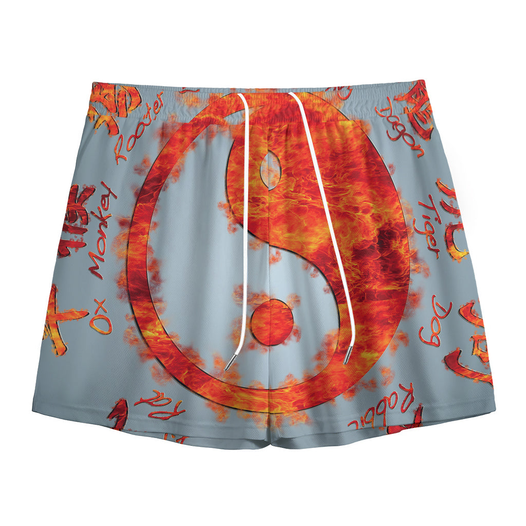 Fire Yin Yang Chinese Zodiac Print Mesh Shorts