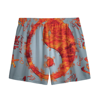 Fire Yin Yang Chinese Zodiac Print Mesh Shorts